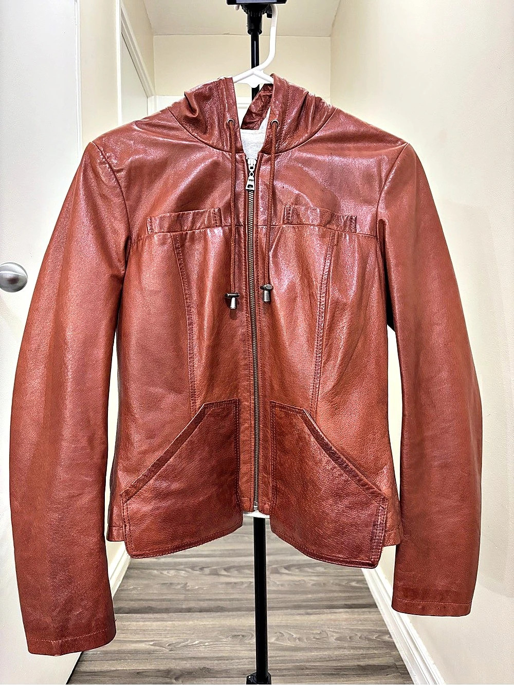 DANIER Brown Leather Hooded Jacket Size Small